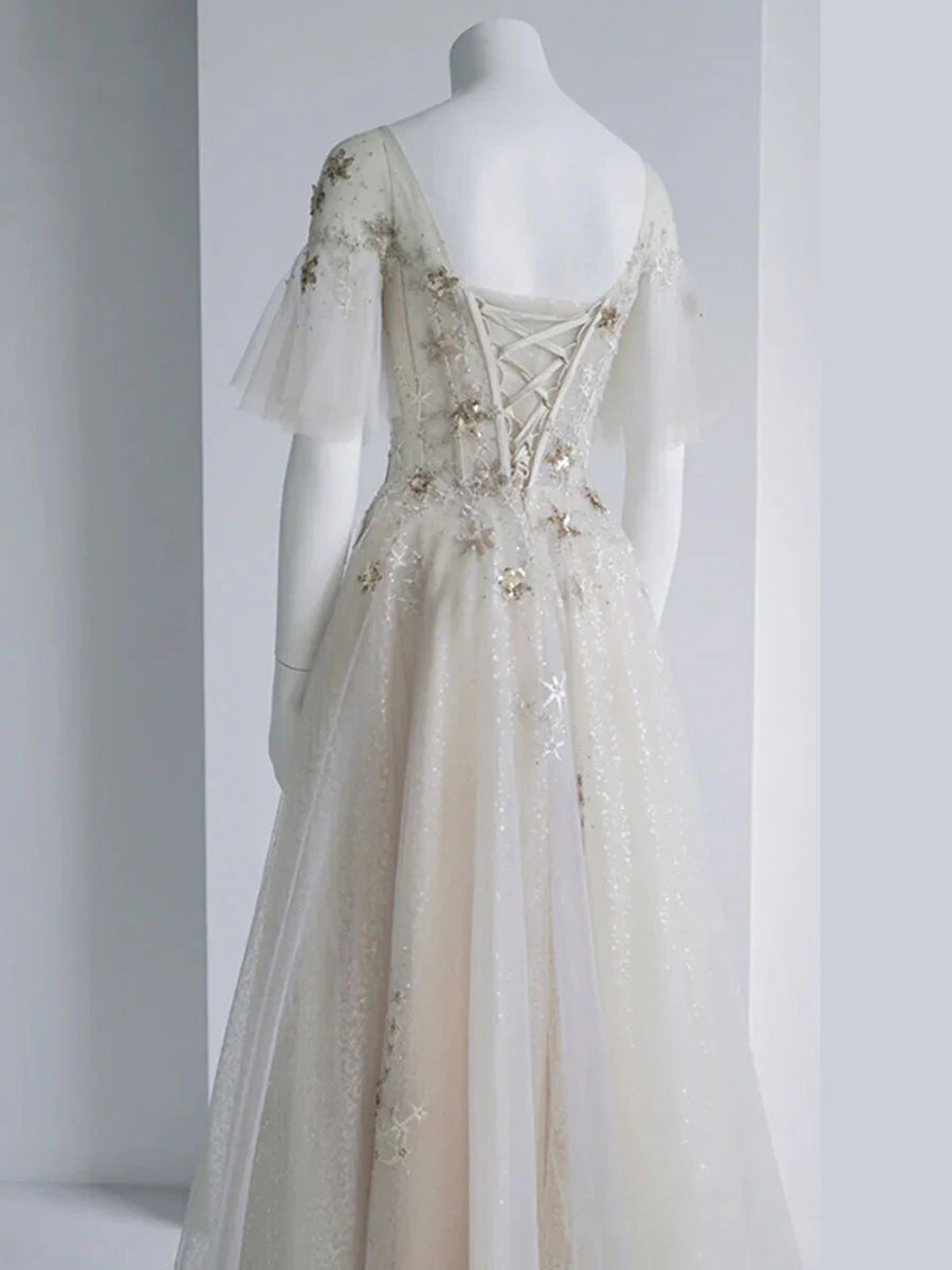 A Line Round Neck Star Sequin Tulle Prom Dress Evening Dress DP1176