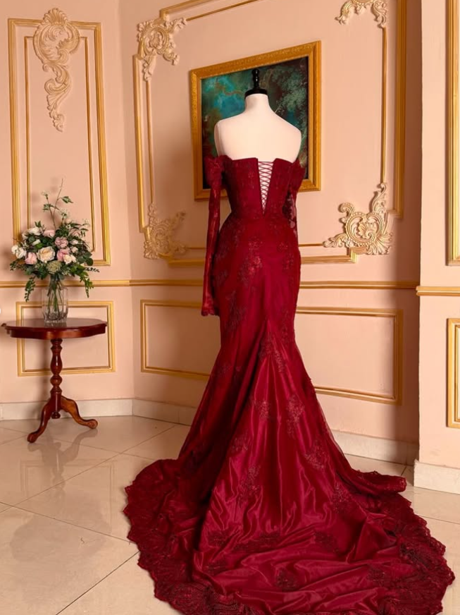 Burgundy Mermaid Sweetheart Neck Long Sleeve Lace Prom Dress Evening Dress DP1673
