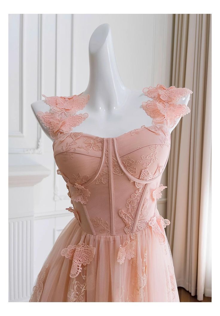 A Line Spaghetti Strap Butterfly Embroidery Tulle Prom Dresses DP933