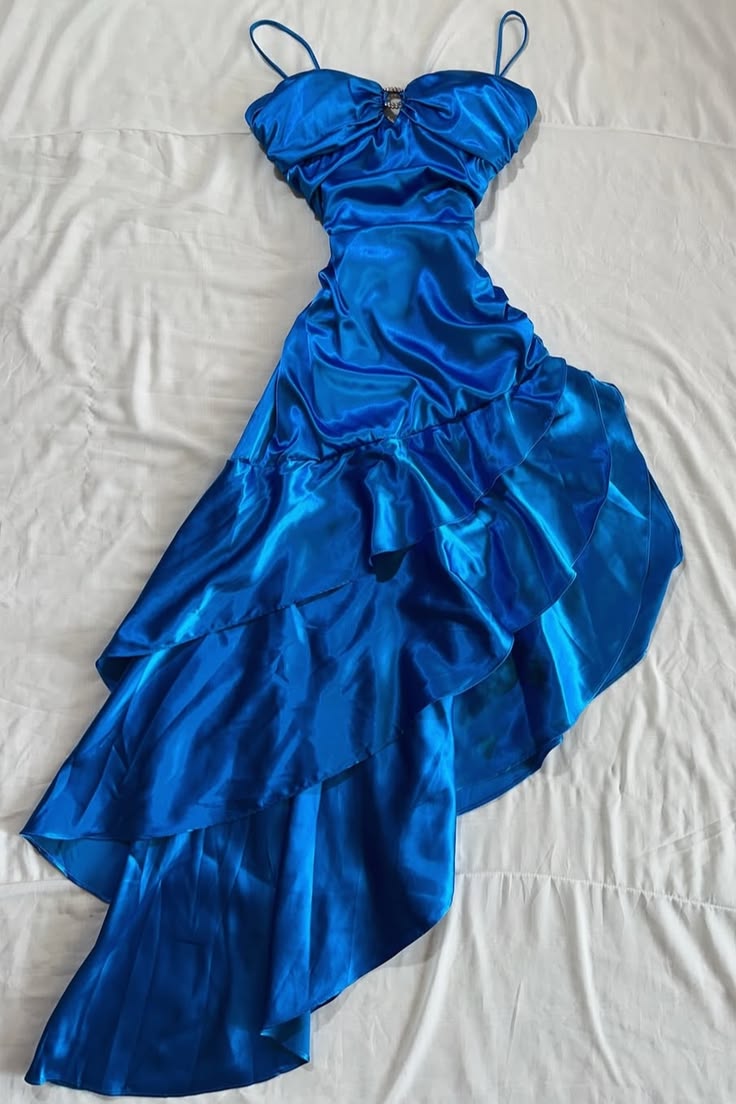 Royal Blue A Line Spaghetti Straps Layered Satin Prom Dress Evening Dress DP5516