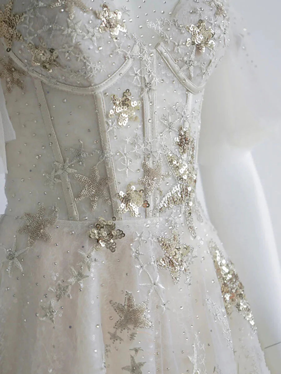 A Line Round Neck Star Sequin Tulle Prom Dress Evening Dress DP1176