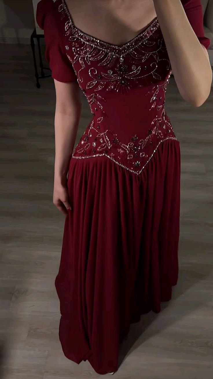Beautiful Burgundy A Line Puff Sleeve Exquisite Beaded Satin Prom Dress Party Dress DP6532