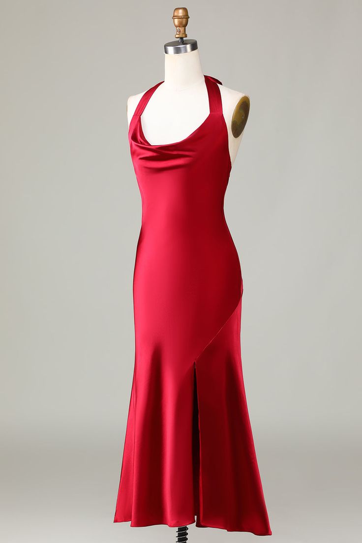 Burgundy Mermaid Halter Satin Long Bridesmaid Dress with Slit DP792
