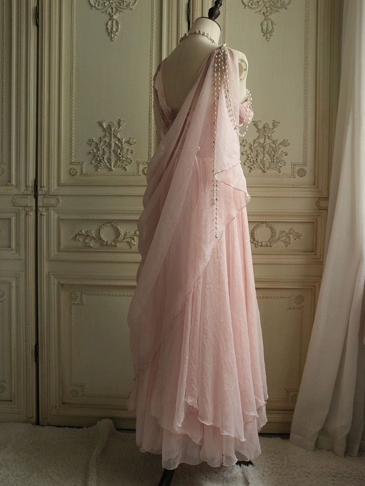 Gentle Pink A Line Spaghetti Strap Beaded Chiffon Prom Dress DP4167