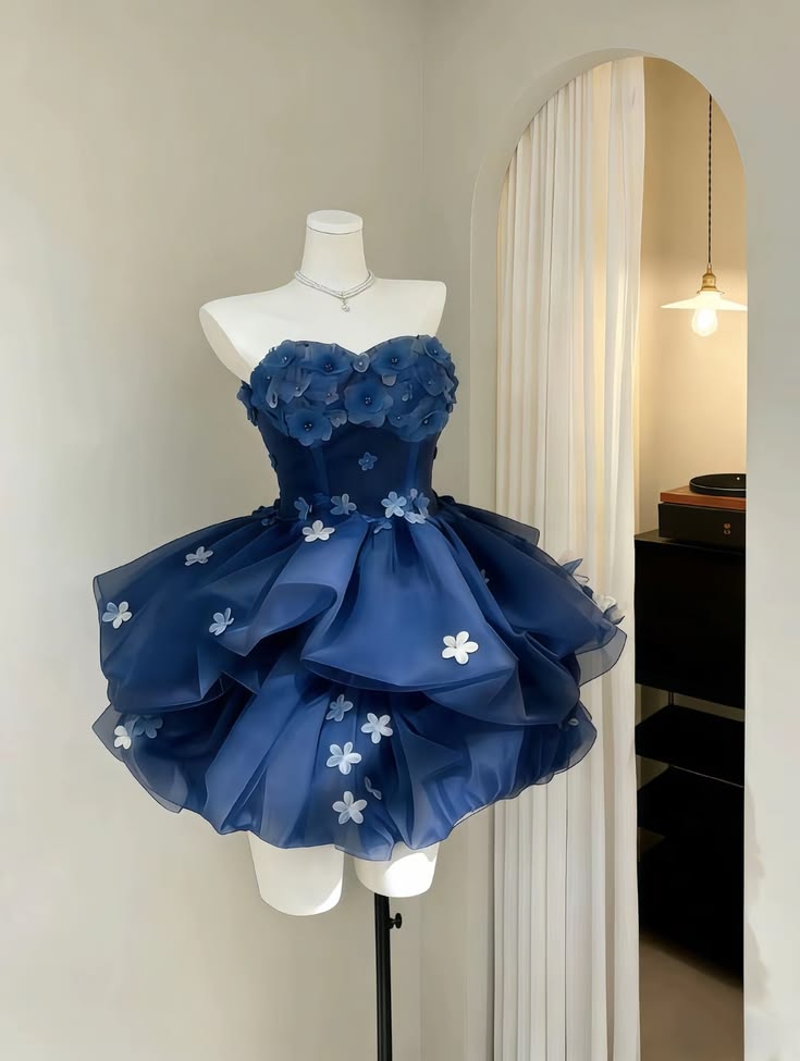 Navy Blue A Line Strapless 3D Flower Tulle Short Homecoming Dress DP5682