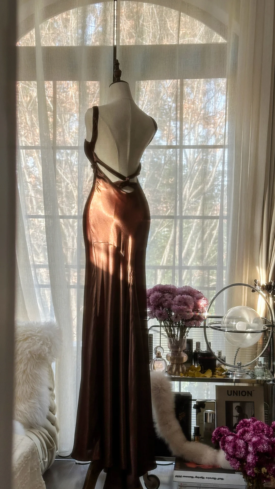 Sexy Mermaid Halter Brown Satin Long Open Back Party Dress Evening Dress DP2475