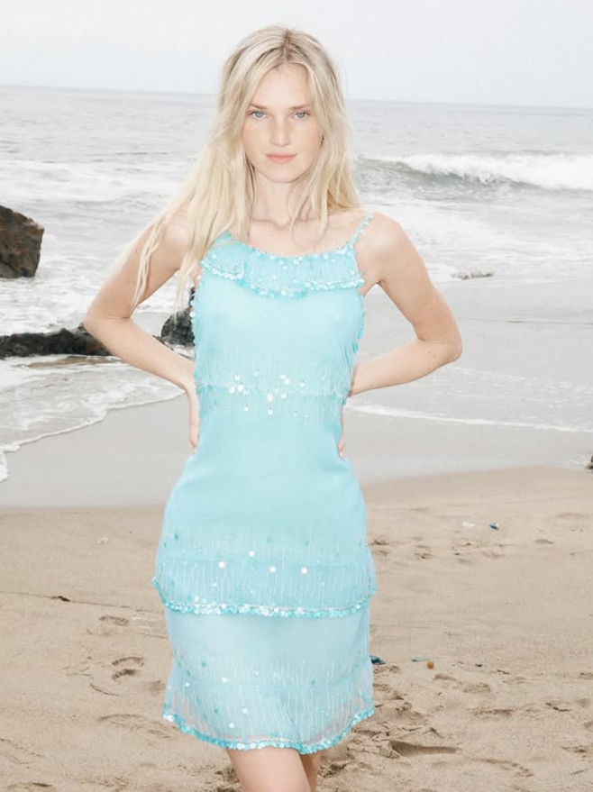 Blue A Line Spaghetti Strap Beaded Sequin Chiffon Homecoming Dress Vacation Dress DP3773