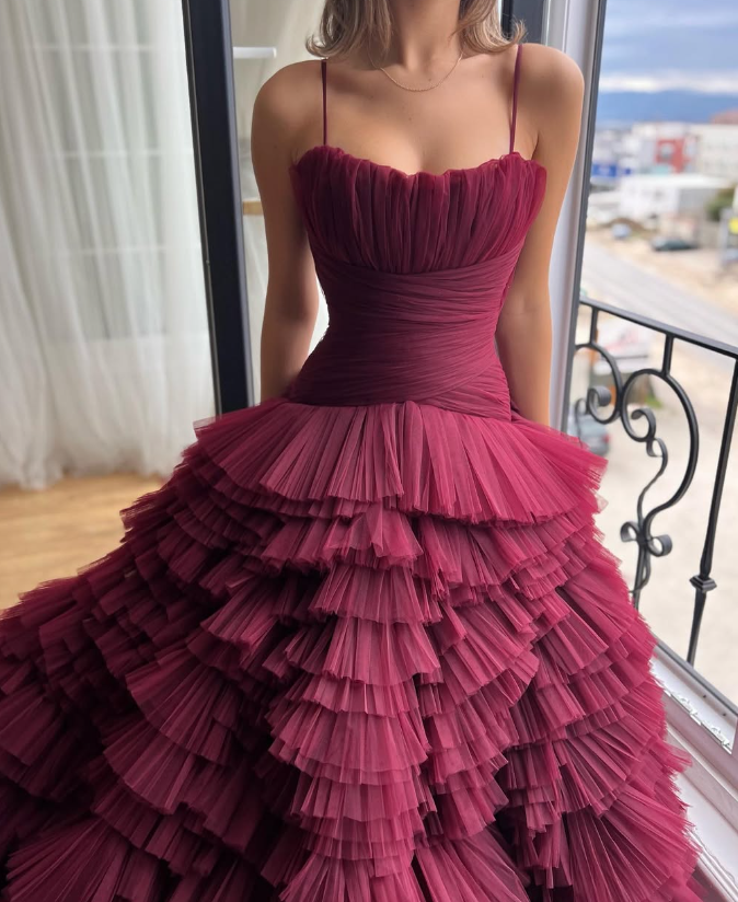 Luxury Ball Gown Strapless Tiered Tulle Long Prom Dress Evening Dress DP1581