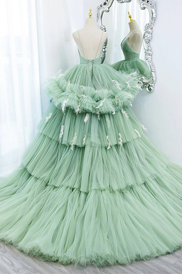 A Line V-Neck Layered Tulle Long Ball Gown Prom Drsses DP793