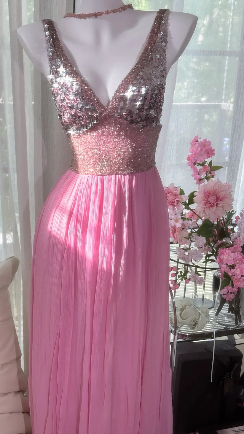 Shiny Pink Beaded Silver Sequin V Neck Chiffon Date Dress Evening Dress Wedding Guest Dress DP2912