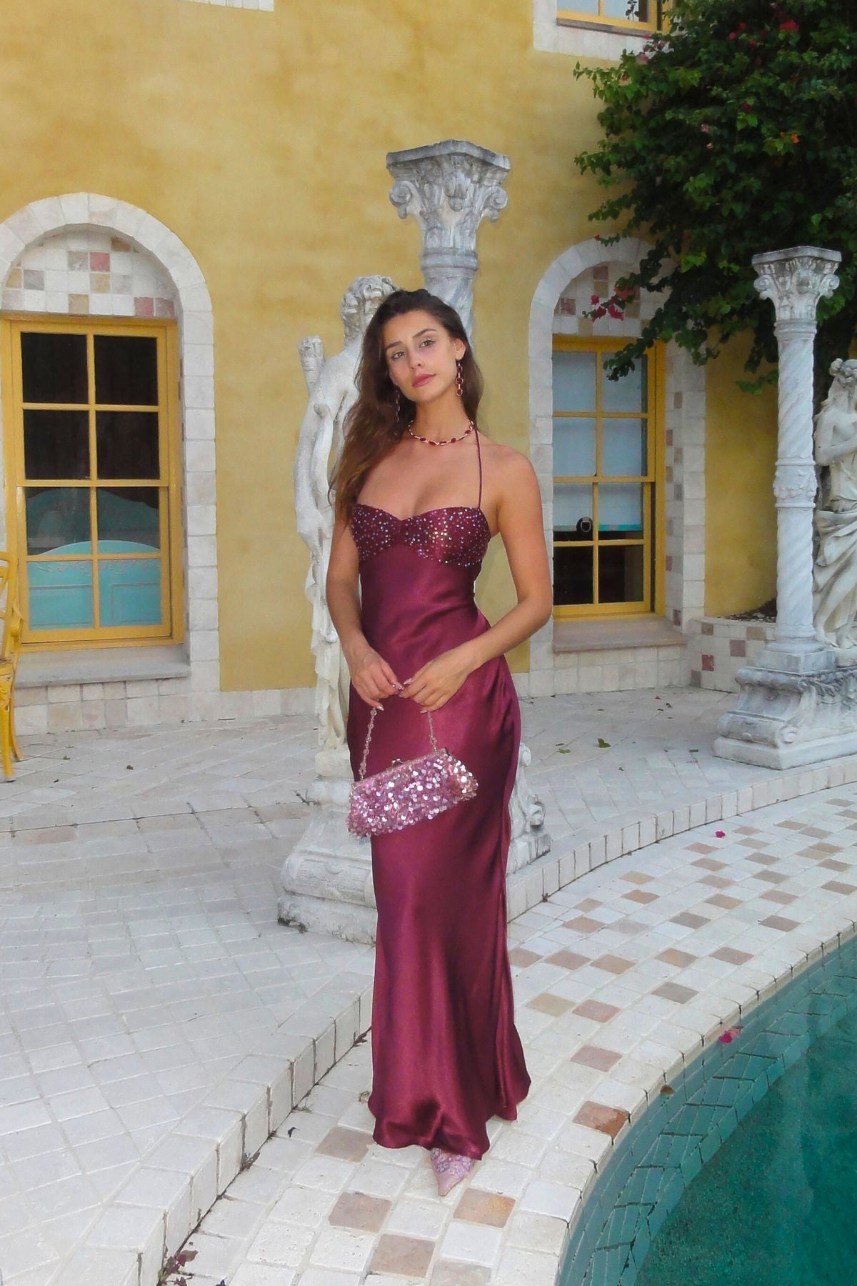 Dark Burgundy Sheath Spaghetti Strap Sequin Satin Prom Dress Party Dress Evening Dress DP3537