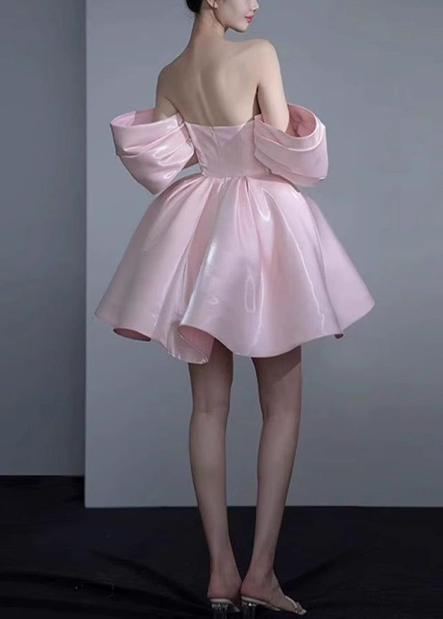Pink A Line Off the Shoulder Satin Short Homecoming Dress Cocktail Dress DP3615