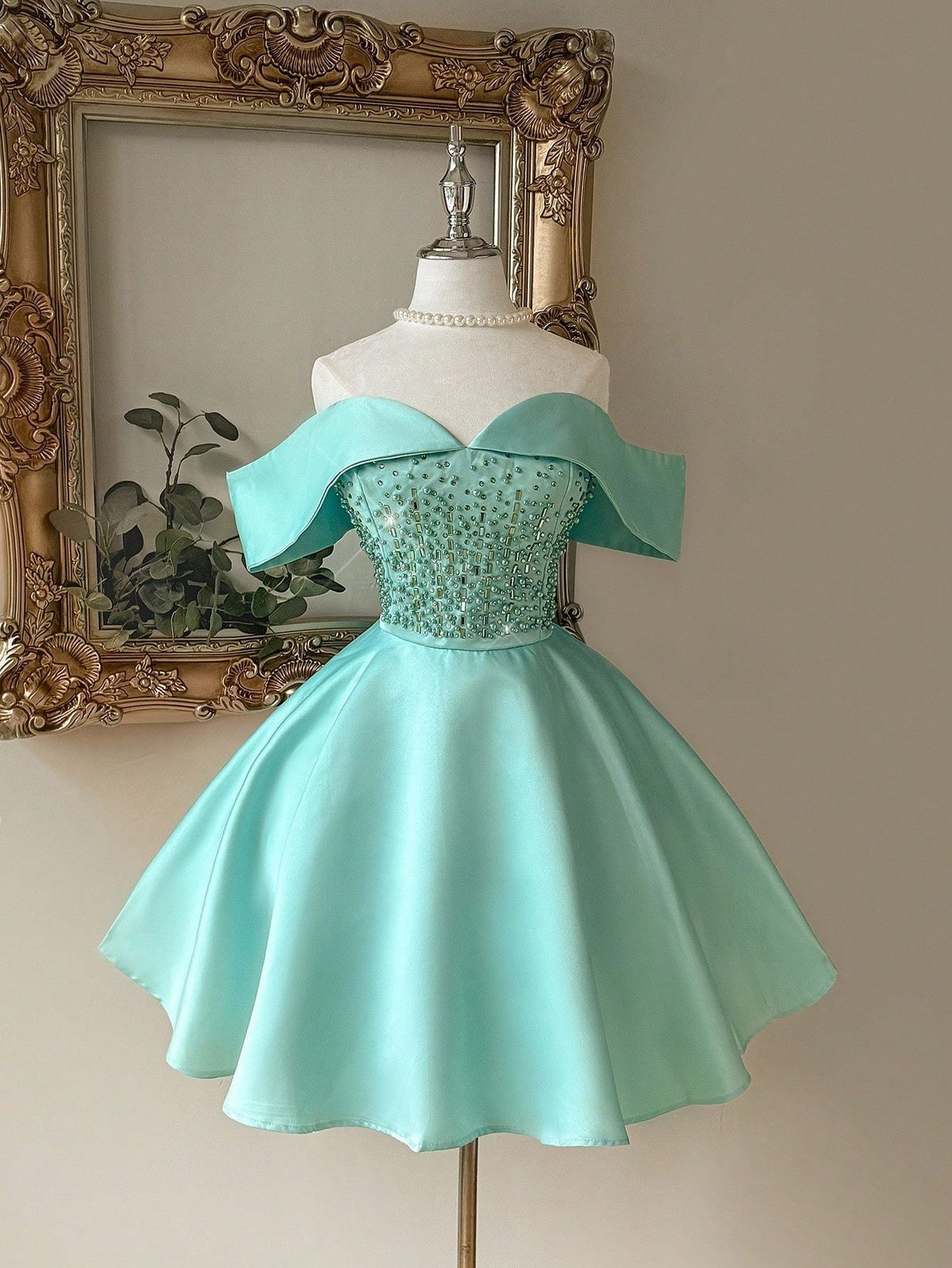 Mint Green A Line Off the Shoulder Beaded Satin Short Homecoming Dress DP5673