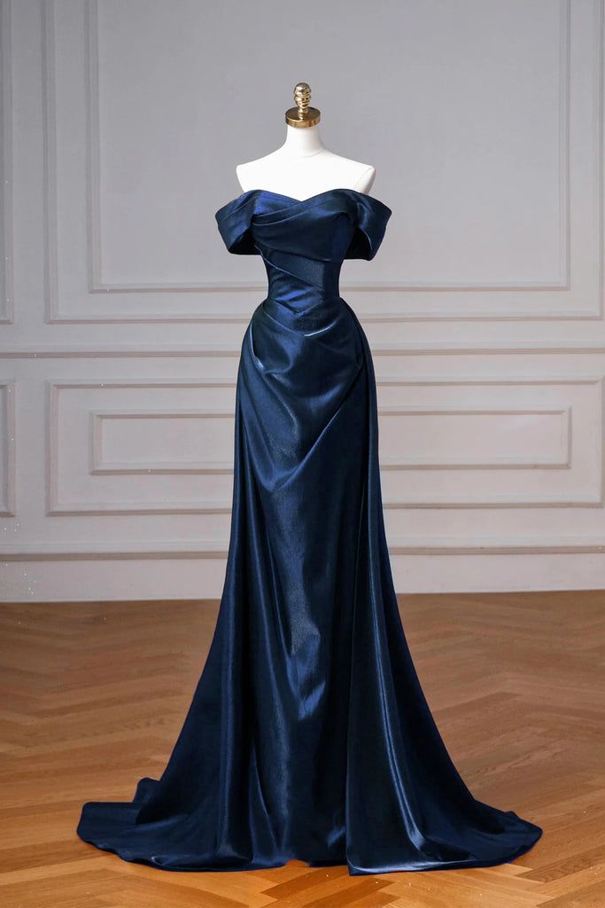 Elegant Mermaid Off the Shoulder Navy Blue Satin Long Prom Dresses Evening Gowns DP4209
