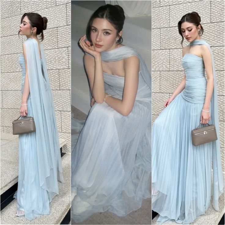 Baby Blue A Line Strapless Pleated Chiffon Long Prom Dress Party Dress DP2582