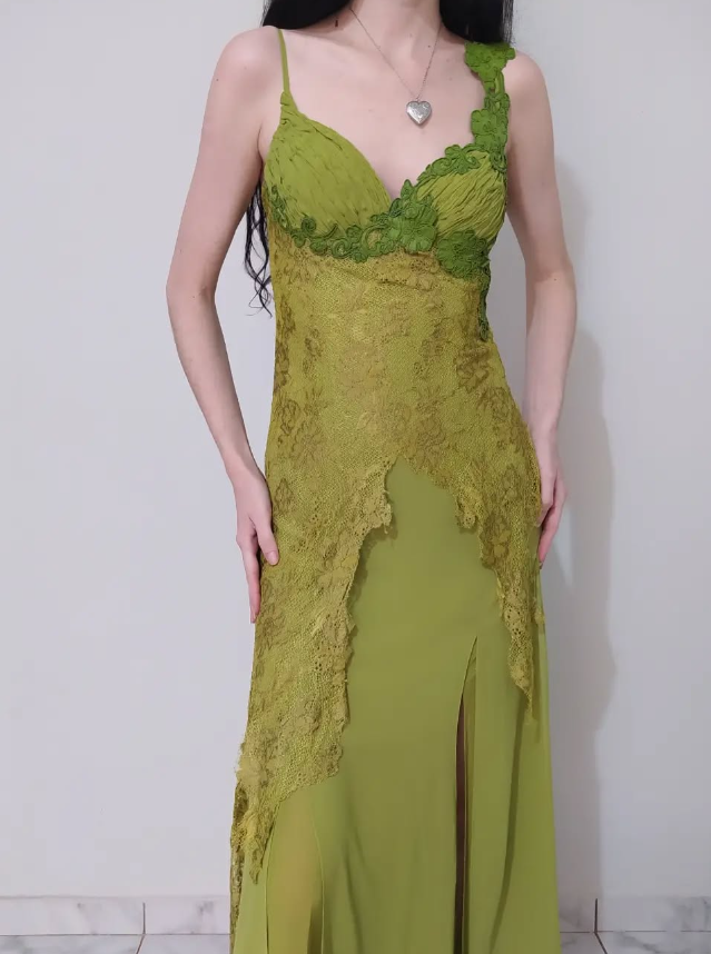 Vintage A Line Spaghetti Strap Lace Green Chiffon Party Dress Evening Dress with Slit DP2368