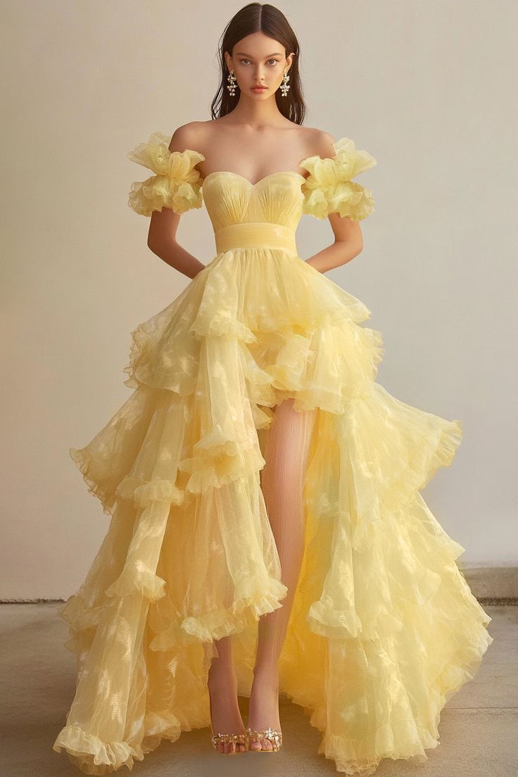 Stunning A Line Off the Shoulder Yellow Tulle Prom Dress 21th Birthday Dress with Slit DP3890
