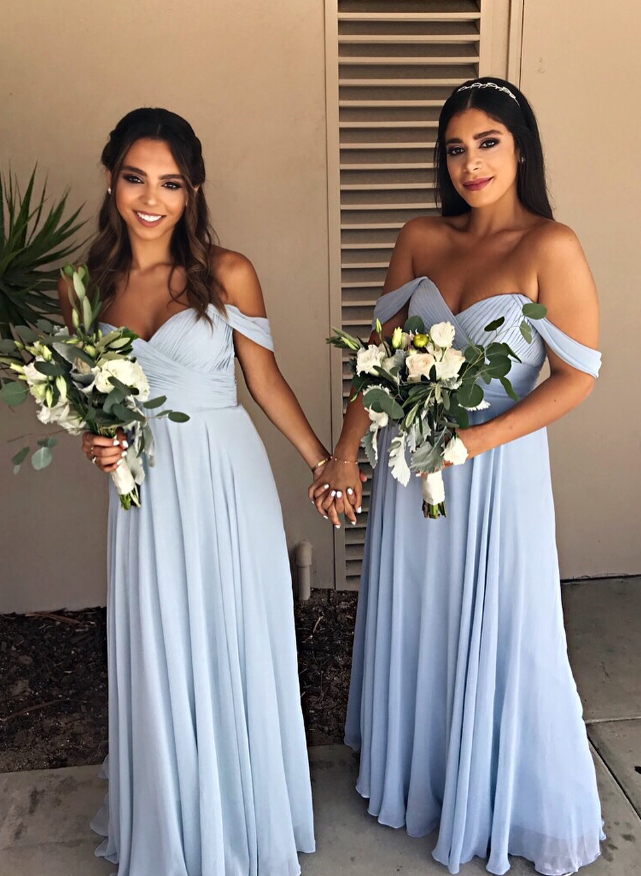 Blue A Line Off the Shoulder Chiffon Long Prom Dress Bridesmaid Dress DP1521