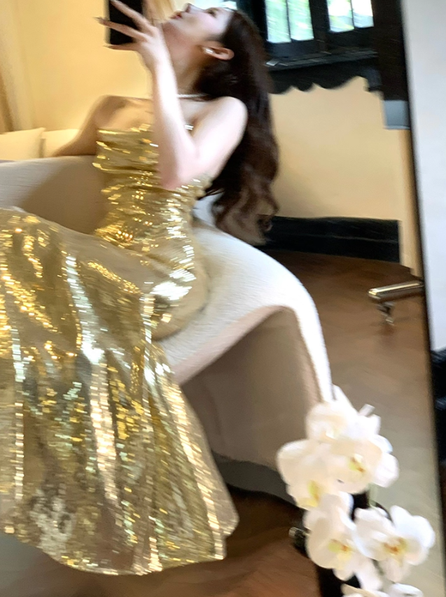 Shiny Golden Mermaid Spaghetti Strap Sequin Prom Dress 16th Birthday Dress with Slit DP3570