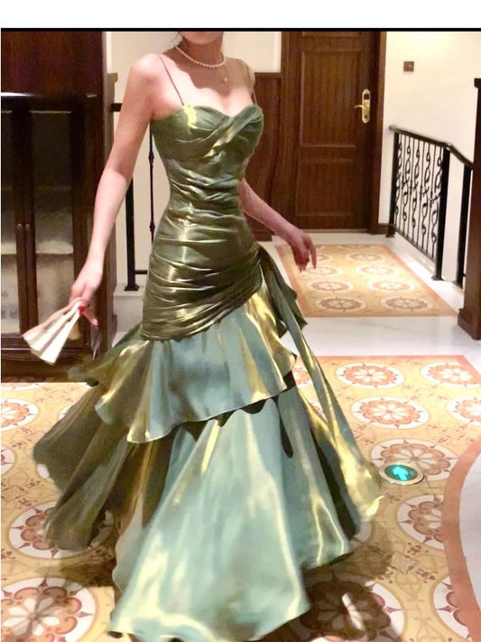 Green Mermaid Spaghetti Straps Long Prom Dresses Birthday Party Dress Evening Gowns DP4233