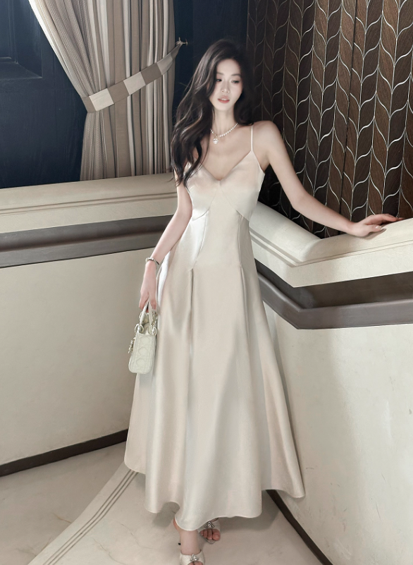 Simple White Spaghetti Strap Satin Prom Dress Evening Dress Party Dress DP3589