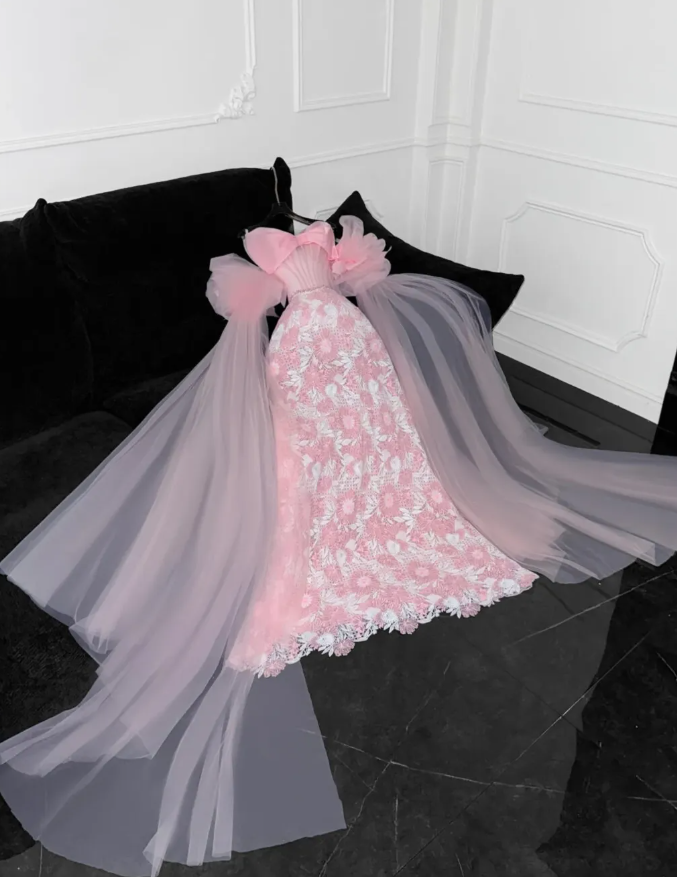 Pink Princess A Line Long Sleeve Organza Lace Prom Dress Birthday Dress Party Dress DP3087