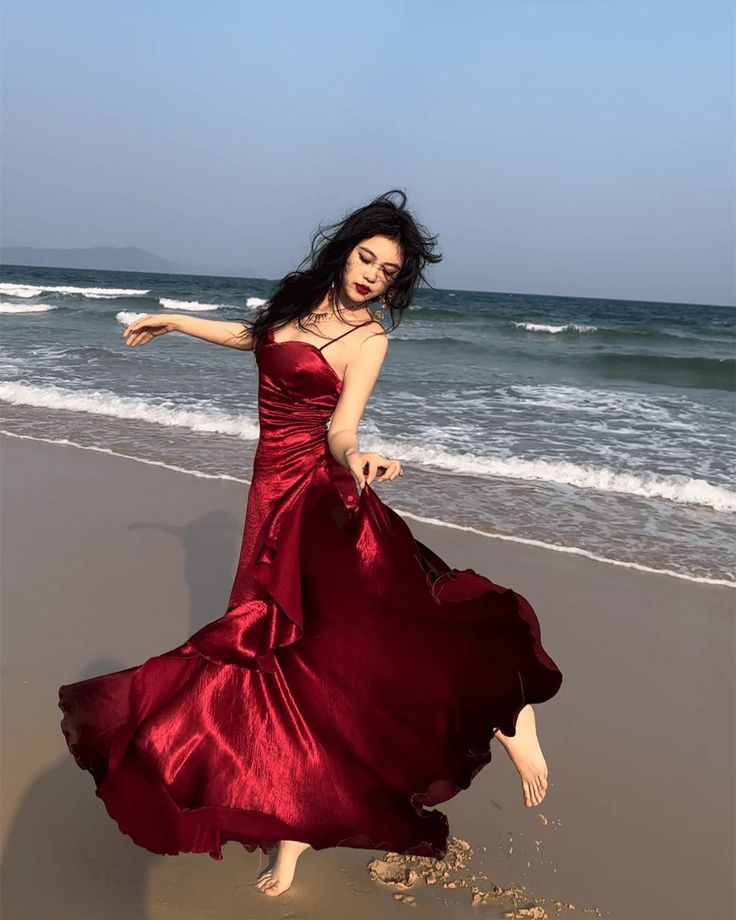 Burgundy Mermaid Spaghetti Straps Layered Satin Long Prom Dress Evening Dress DP2789