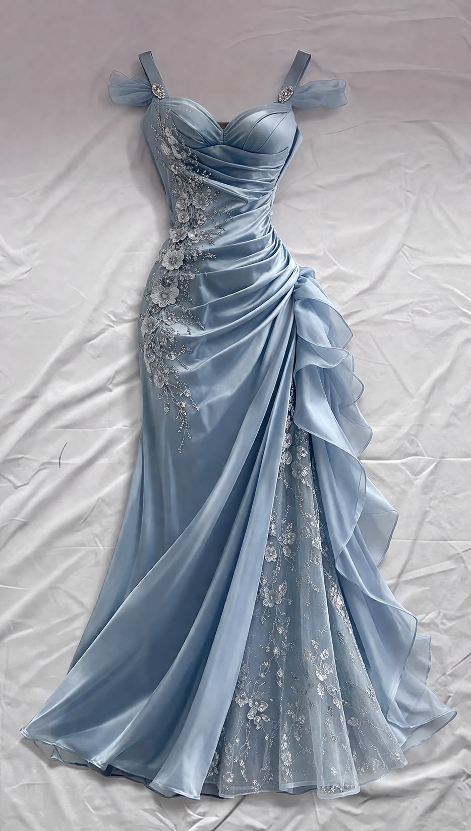 Baby Blue 3D Floral Mermaid Beaded Tulle Satin Prom Dress Evening Dress DP5720
