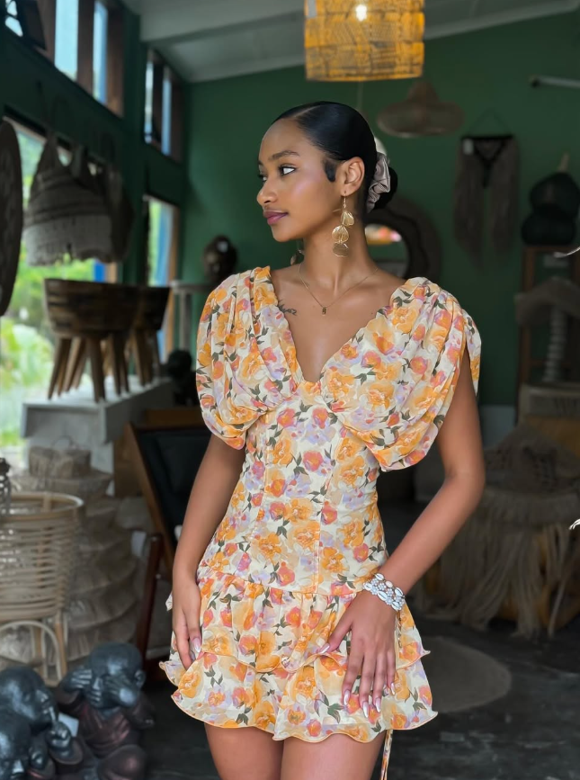 Cute Orange Print Floral A Line V Neck Chiffon Short Homecoming Dress Outfits DP3234