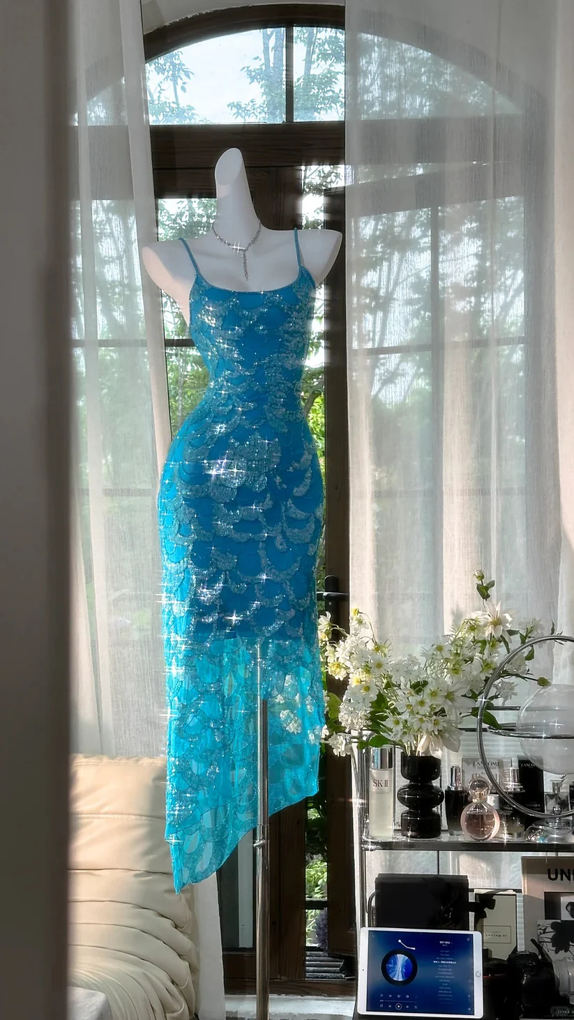 Blue Sparkling Sequin Long Tulle Ball Gown Evening Gown Birthday Gown Wedding Gown DP2913