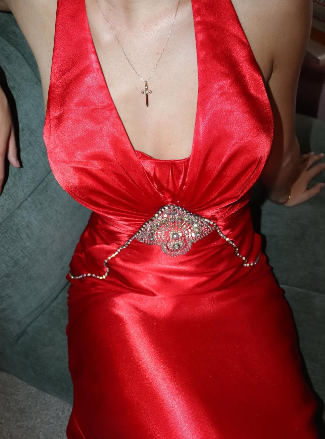 Sexy A Line Halter Rhinestone Sequin Red Satin Prom Dress Evening Dress DP1888