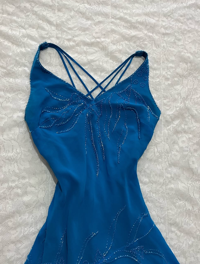 Cute Vintage A Line Spaghetti Strap Beaded Blue Chiffon Prom Dress Graduation Prom Dress DP2156