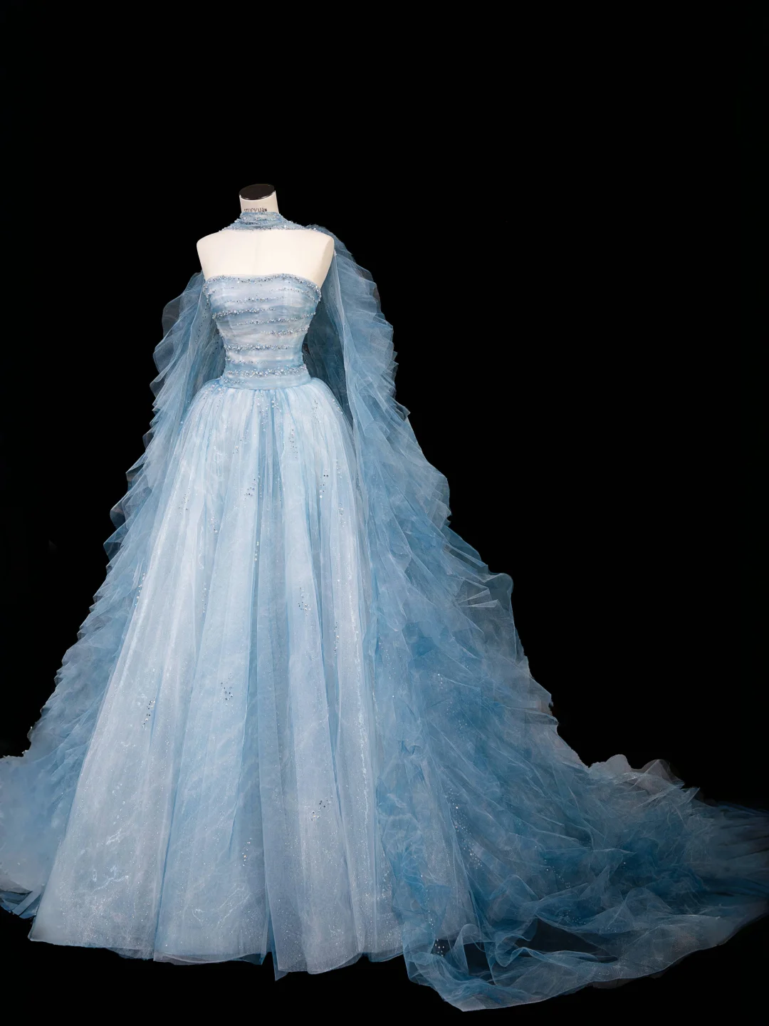 Romantic A Line Strapless Beaded Baby Blue Tulle Long Prom Dress Graduation Prom Dress DP2049