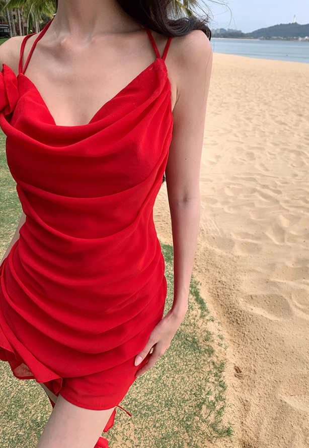 Backless Sheath Strap Red Chiffon Homecoming Dress Vacation Dress Outfits DP3407