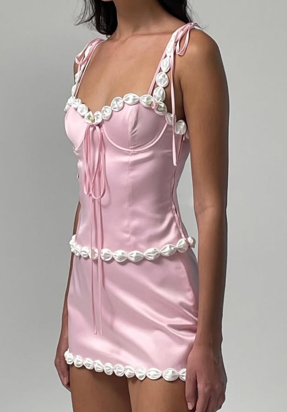 Pink Two Piece A Line Spaghetti Strap Satin Mini Homecoming Dress Birthday Dress DP3124