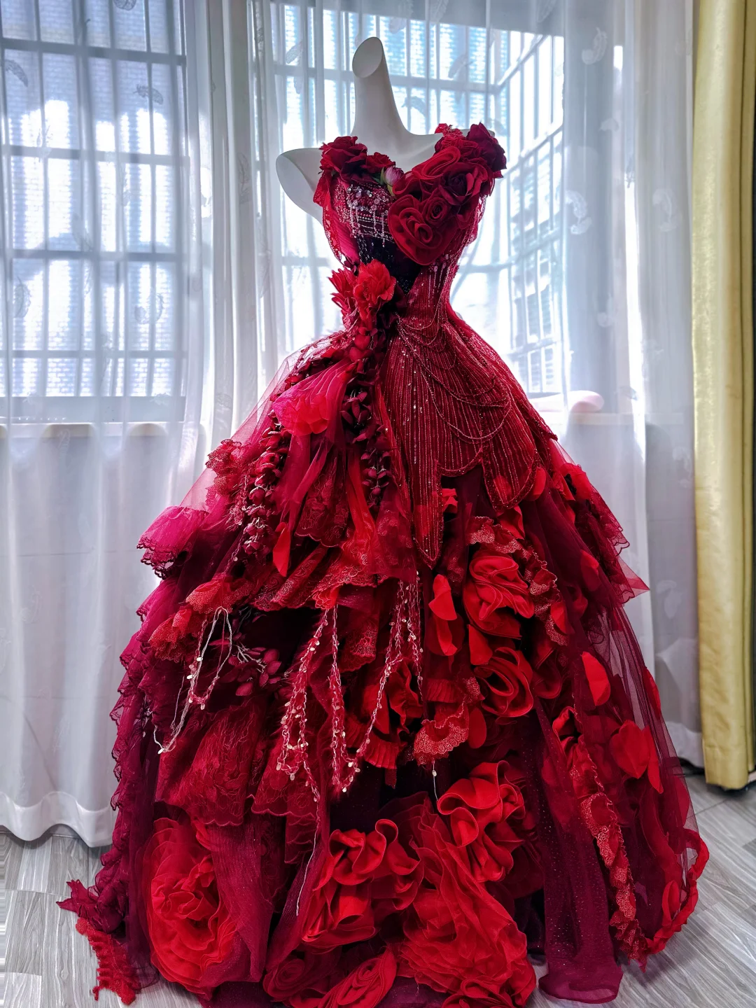 Exquisite Burgundy Ball Gown V Neck Floral Beaded Tulle Prom Dress 18th Birthday Dress DP4148