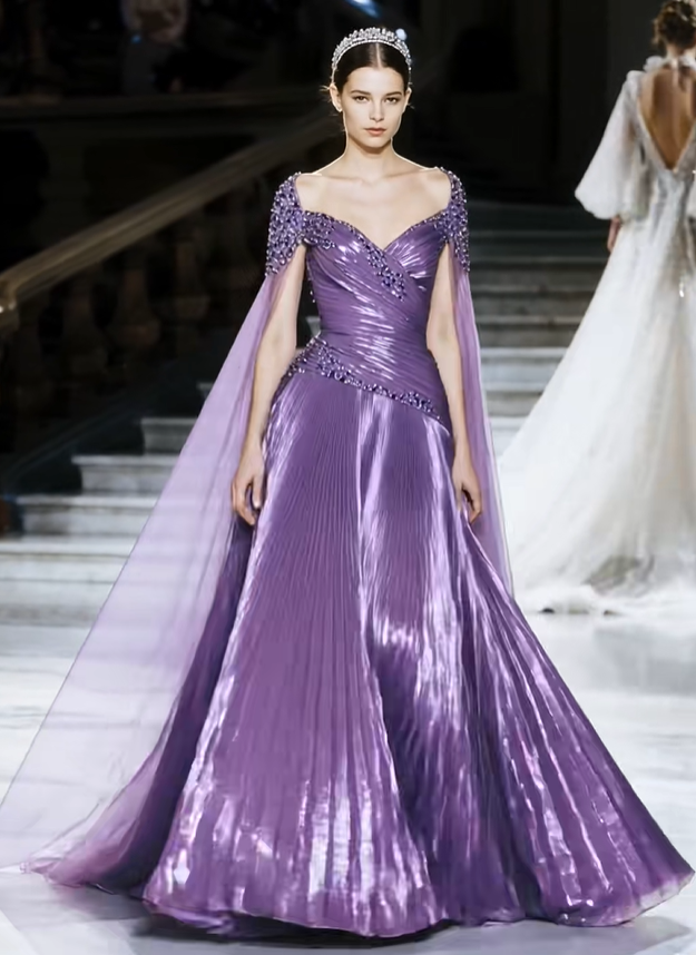 Elegant Purple A Line V Neck Beaded Pleated Satin Long Prom Dress DP4654