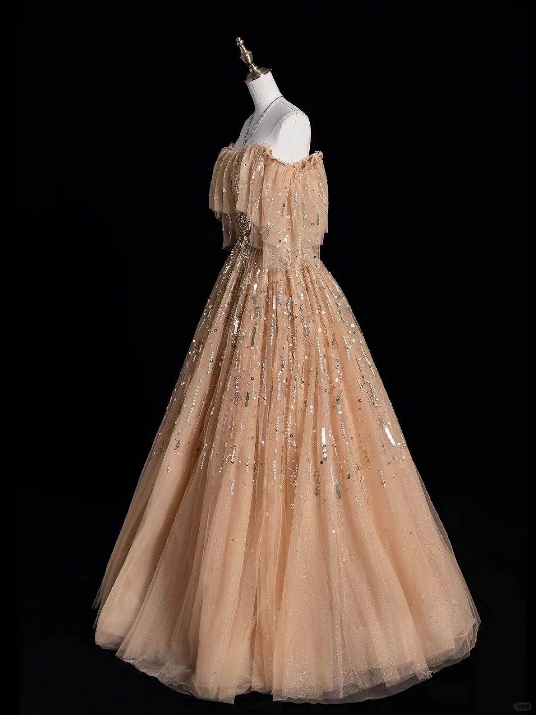 Elegant A Line Off the Shoulder Sequin Champagne Tulle Long Prom Dress Graduation Prom Dress DP2012