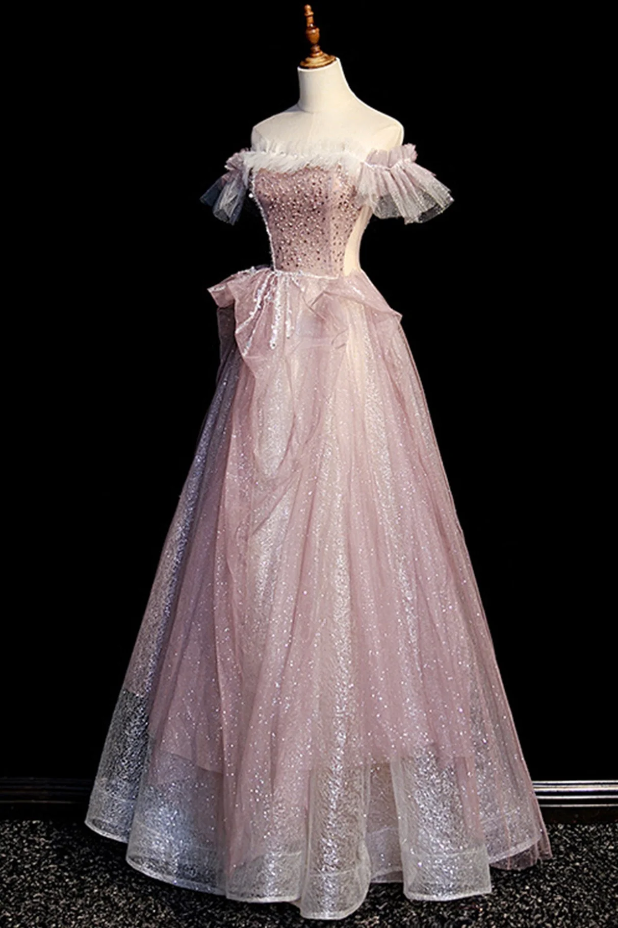 Pink Tulle Beaded Long A-Line Prom Dress Off the Shoulder Evening Party Dress DP344