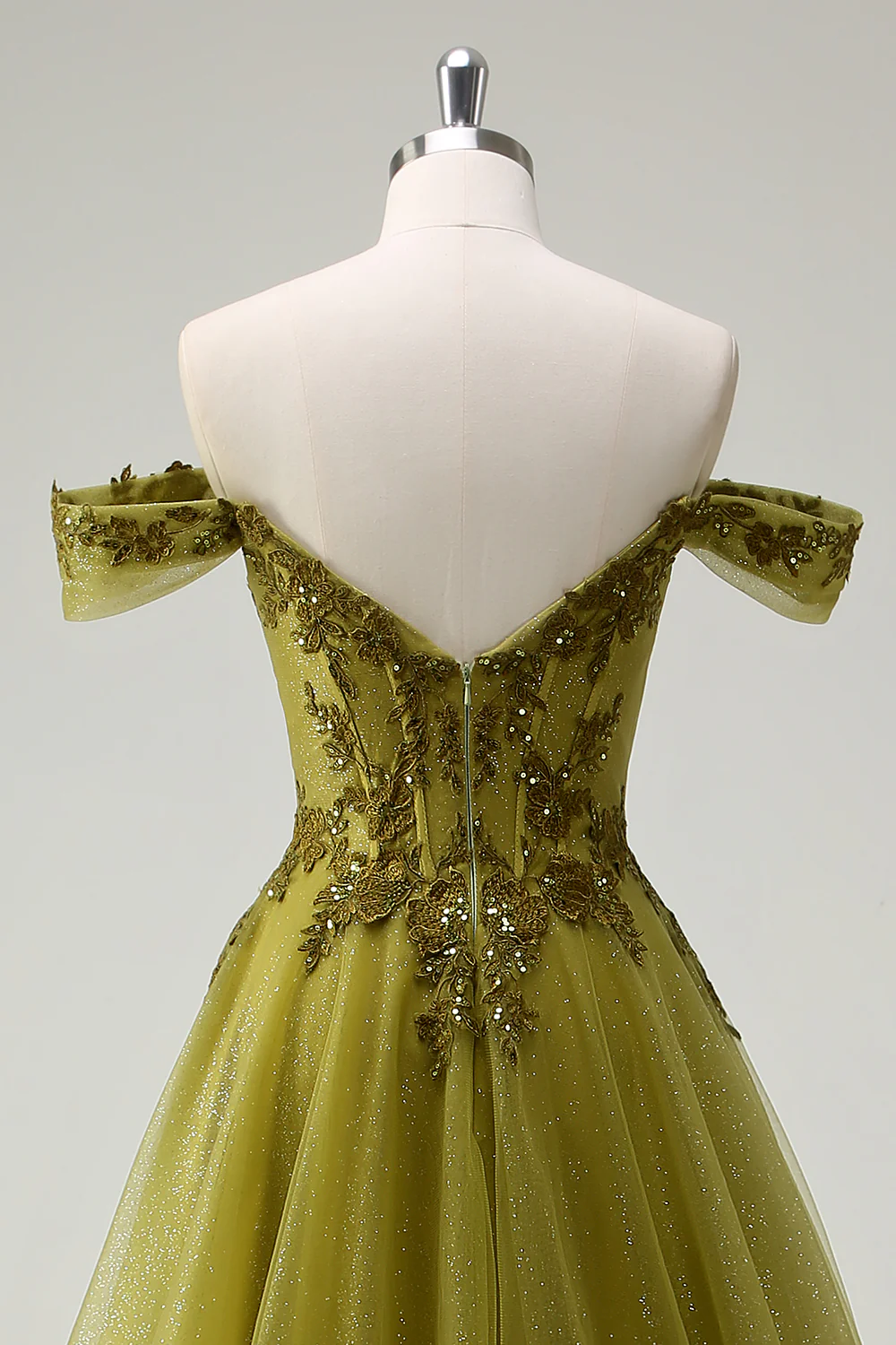 Green A Line Off the Shoulder Appliques Tulle Long Prom Dress Evening Dress DP1473