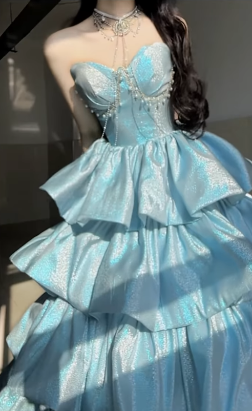 Dreamy Blue Ball Gown Sweetheart Neck Layered Sequin Prom Dress DP4159