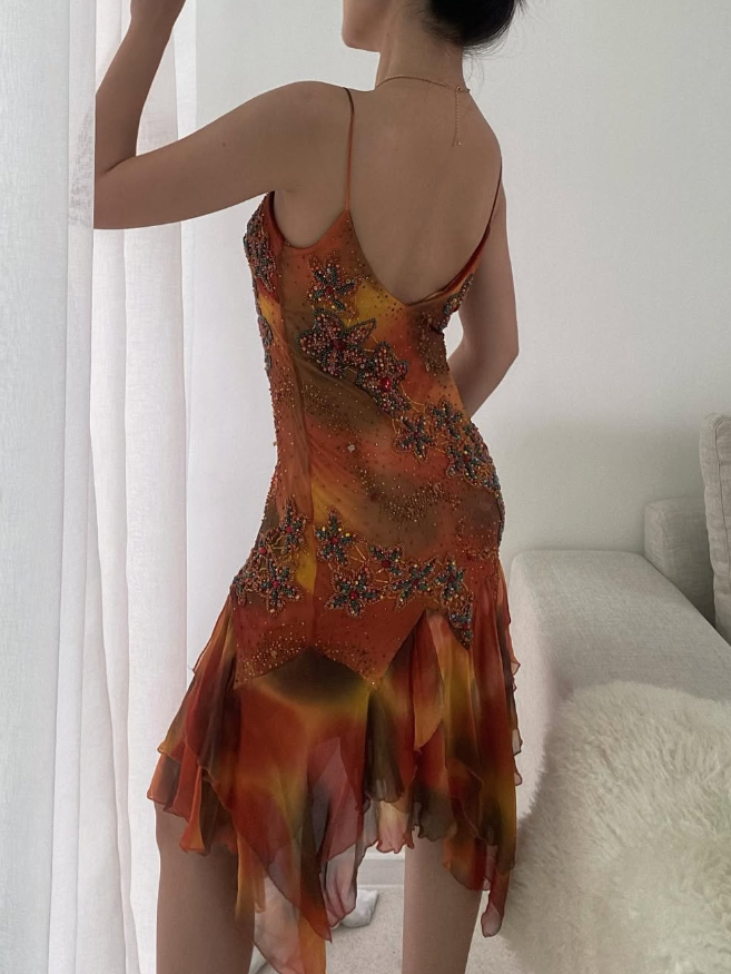 Vintage A Line Spaghetti Strap Beaded Ruffle Chiffon Evening Dress Homecoming Dress DP1652