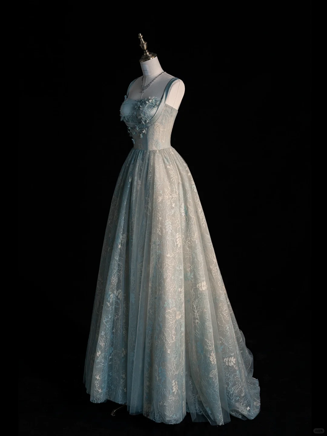 Elegant A Line Strap Flower Blue Satin Tulle Prom Dress Evening Dress DP2179