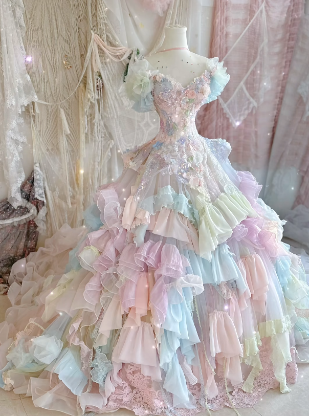 Dreamy Multi-color Ball Gown Puff Layered Chiffon Tulle 16th Birthday Dress Prom Dress DP3811