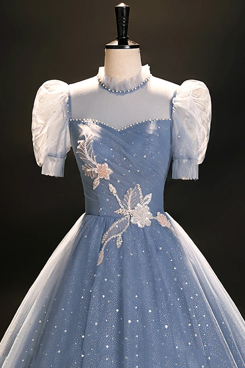 Elegant Blue Tulle Floor Length Prom Dress Formal Evening Dress DP492