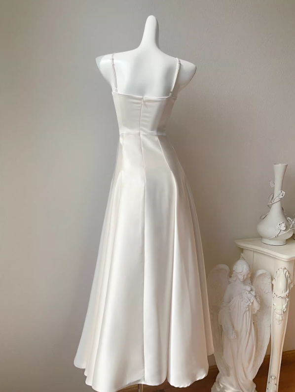 Simple White Spaghetti Strap Satin Prom Dress Evening Dress Party Dress DP3589