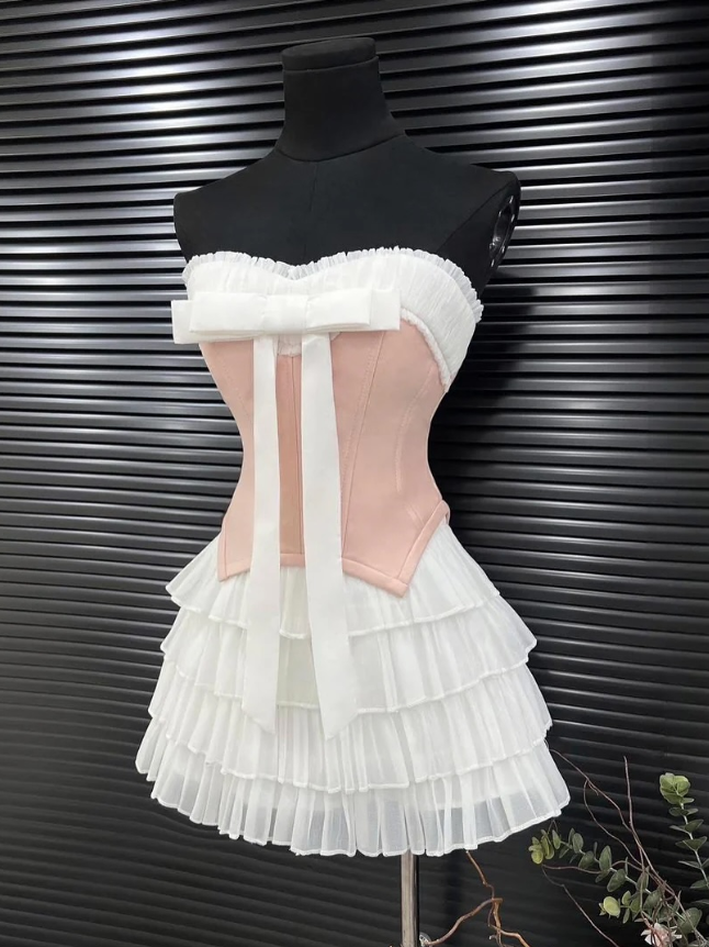 A Line Strapless Pink Satin Layered White Chiffon Mini Homecoming Dress Birthday Dress DP2612