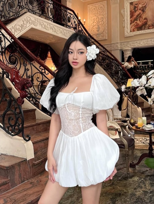 Cute Puff White Lace Satin Short Homecoming Dress Date Dress DP2956