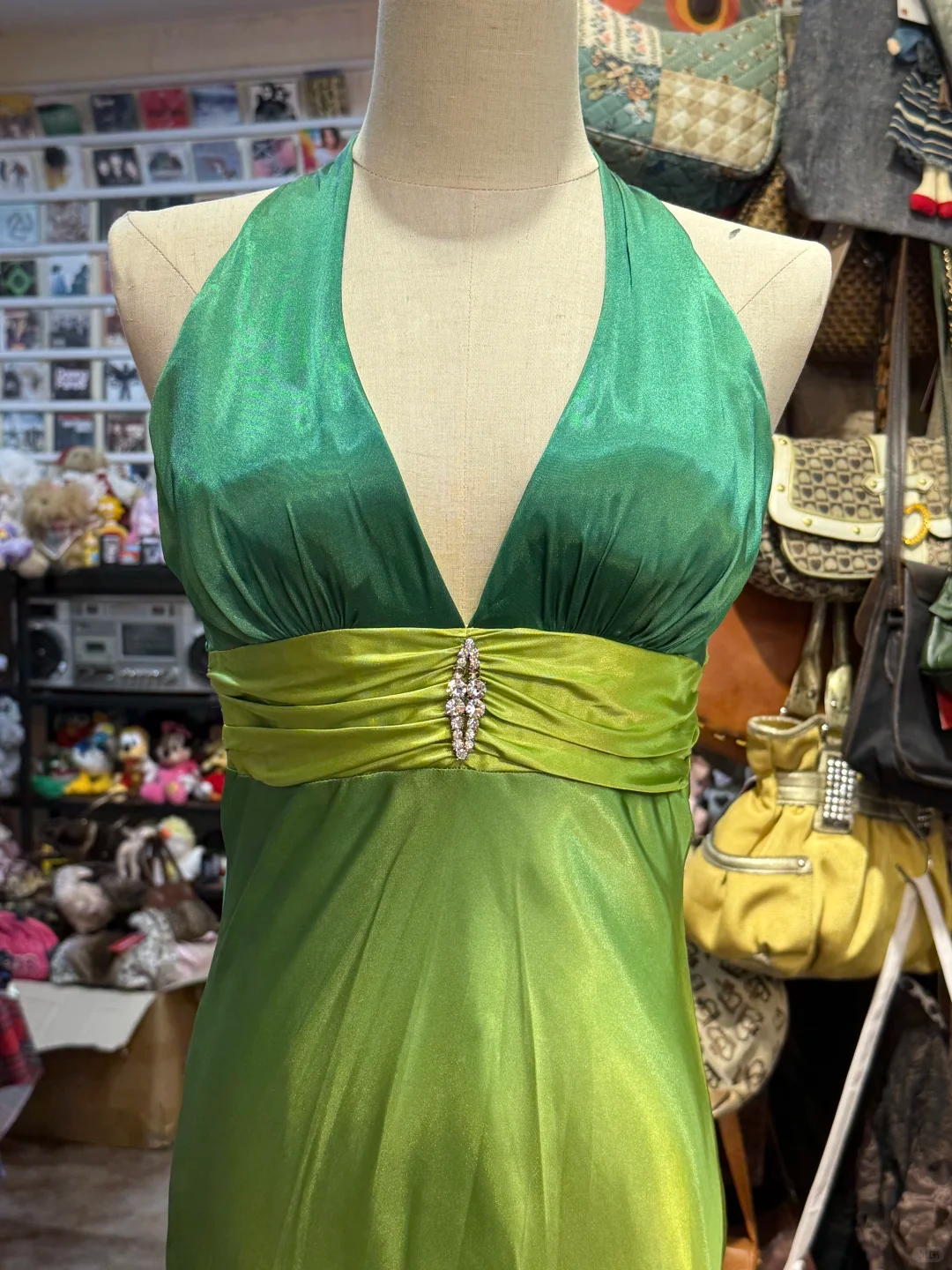Vintage Green Ombre A Line Halter Satin Prom Dress Evening Dress DP3700