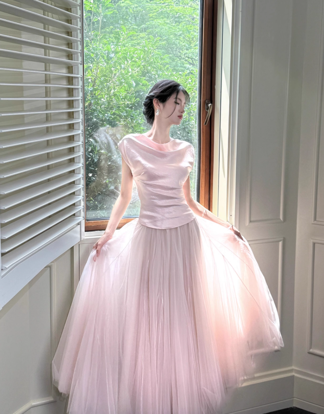 Gentle Light Pink Ball Gown Tulle Satin Prom Dress 16th Birthday Dress DP3569
